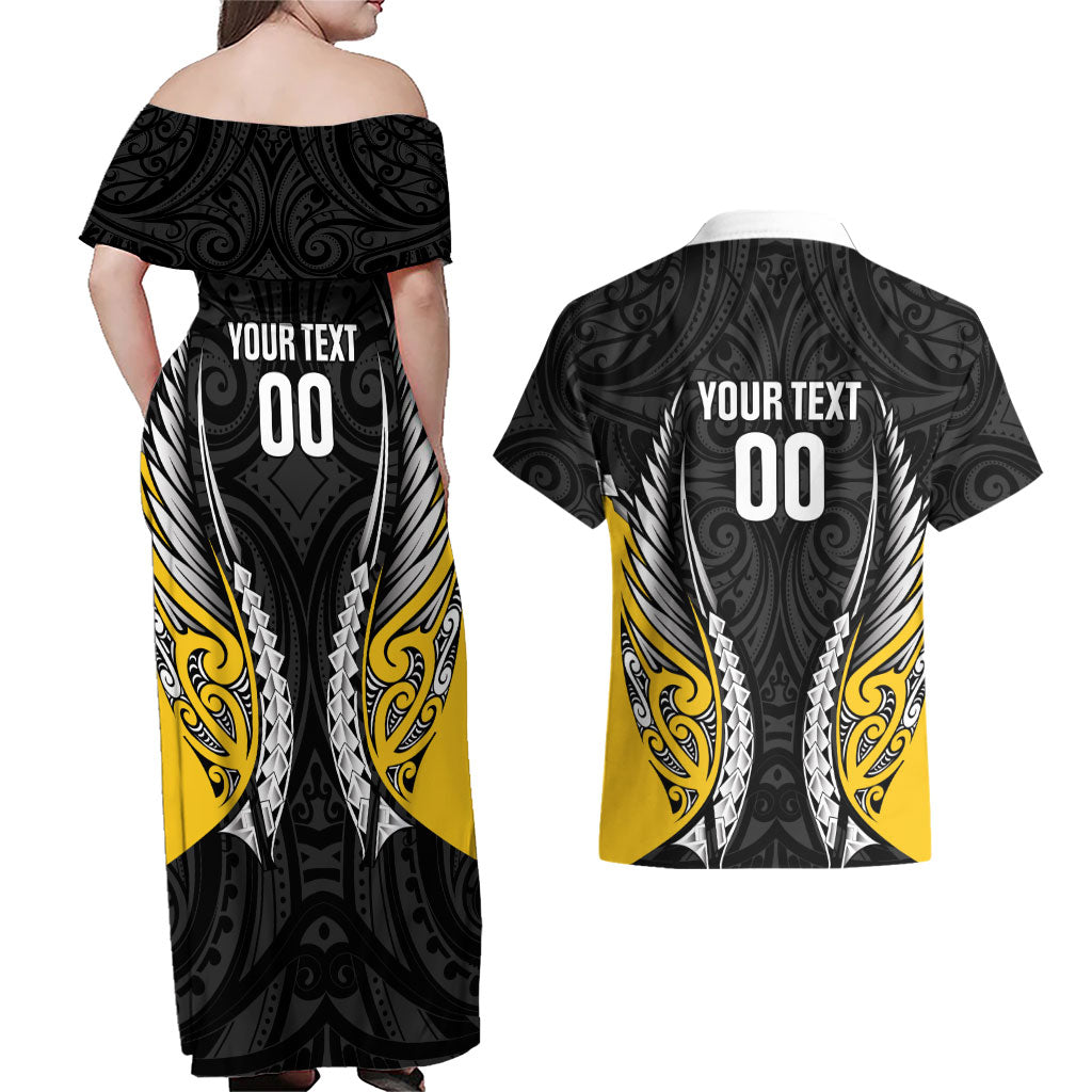 Taranaki 2026 Rugby Custom Couples Matching Off Shoulder Maxi Dress and Hawaiian Shirt NZ Maori Silver Fern