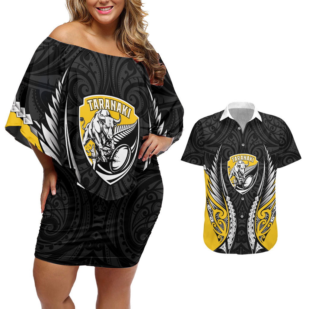 Taranaki 2026 Rugby Custom Couples Matching Off Shoulder Short Dress and Hawaiian Shirt NZ Maori Silver Fern LT14 Black - Polynesian Pride