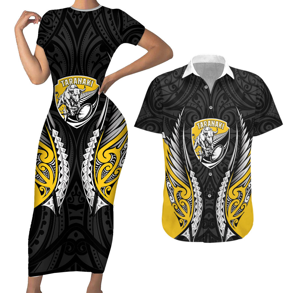 Taranaki 2026 Rugby Custom Couples Matching Short Sleeve Bodycon Dress and Hawaiian Shirt NZ Maori Silver Fern