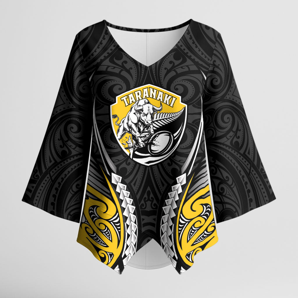 Taranaki 2026 Rugby Custom Kimono Sleeve Blouse NZ Maori Silver Fern LT14 Female Black - Polynesian Pride