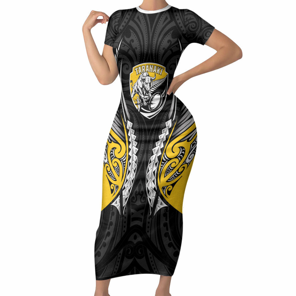 Taranaki 2026 Rugby Custom Short Sleeve Bodycon Dress NZ Maori Silver Fern LT14 Long Dress Black - Polynesian Pride