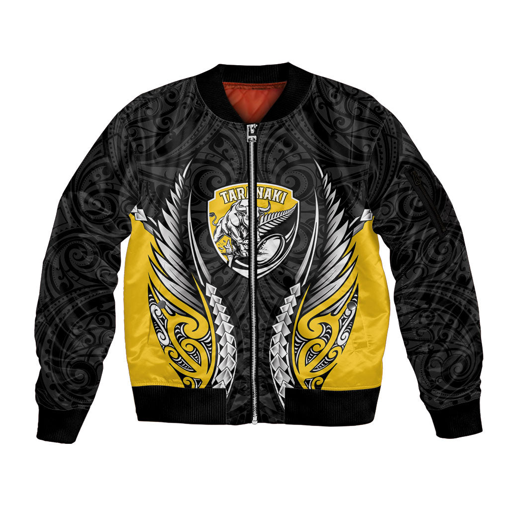 Taranaki 2026 Rugby Custom Sleeve Zip Bomber Jacket NZ Maori Silver Fern LT14 Unisex Black - Polynesian Pride