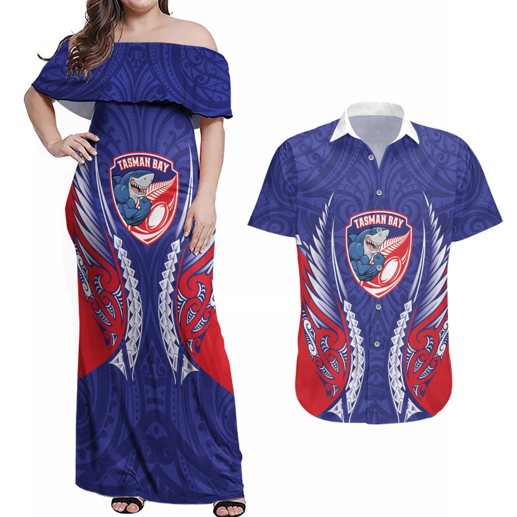 Tasman Bay 2026 Rugby Custom Couples Matching Off Shoulder Maxi Dress and Hawaiian Shirt NZ Maori Silver Fern
