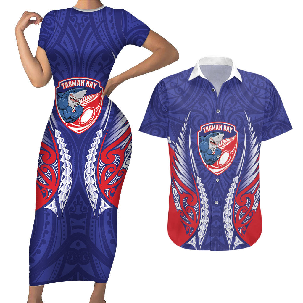 Tasman Bay 2026 Rugby Custom Couples Matching Short Sleeve Bodycon Dress and Hawaiian Shirt NZ Maori Silver Fern LT14 Blue - Polynesian Pride