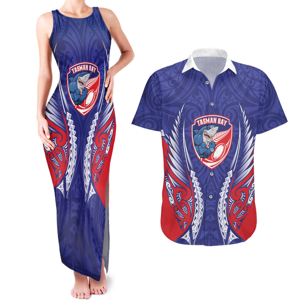Tasman Bay 2026 Rugby Custom Couples Matching Tank Maxi Dress and Hawaiian Shirt NZ Maori Silver Fern