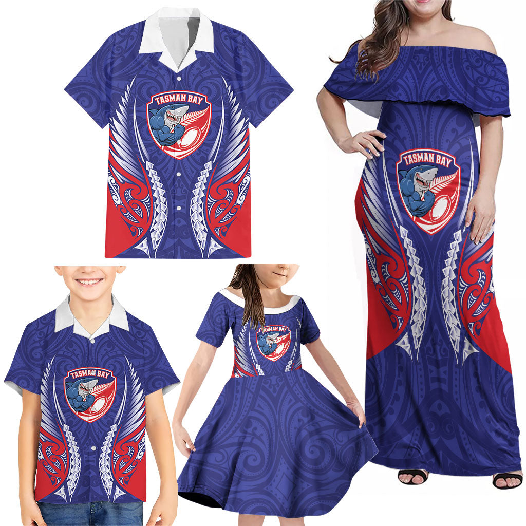 Tasman Bay 2026 Rugby Custom Family Matching Off Shoulder Maxi Dress and Hawaiian Shirt NZ Maori Silver Fern