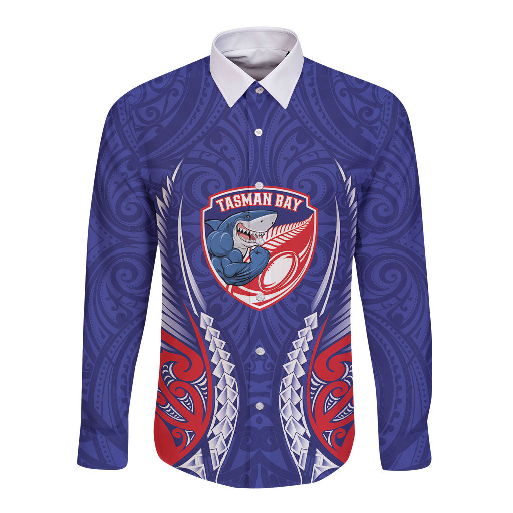 Tasman Bay 2026 Rugby Custom Long Sleeve Button Shirt NZ Maori Silver Fern LT14 Unisex Blue - Polynesian Pride