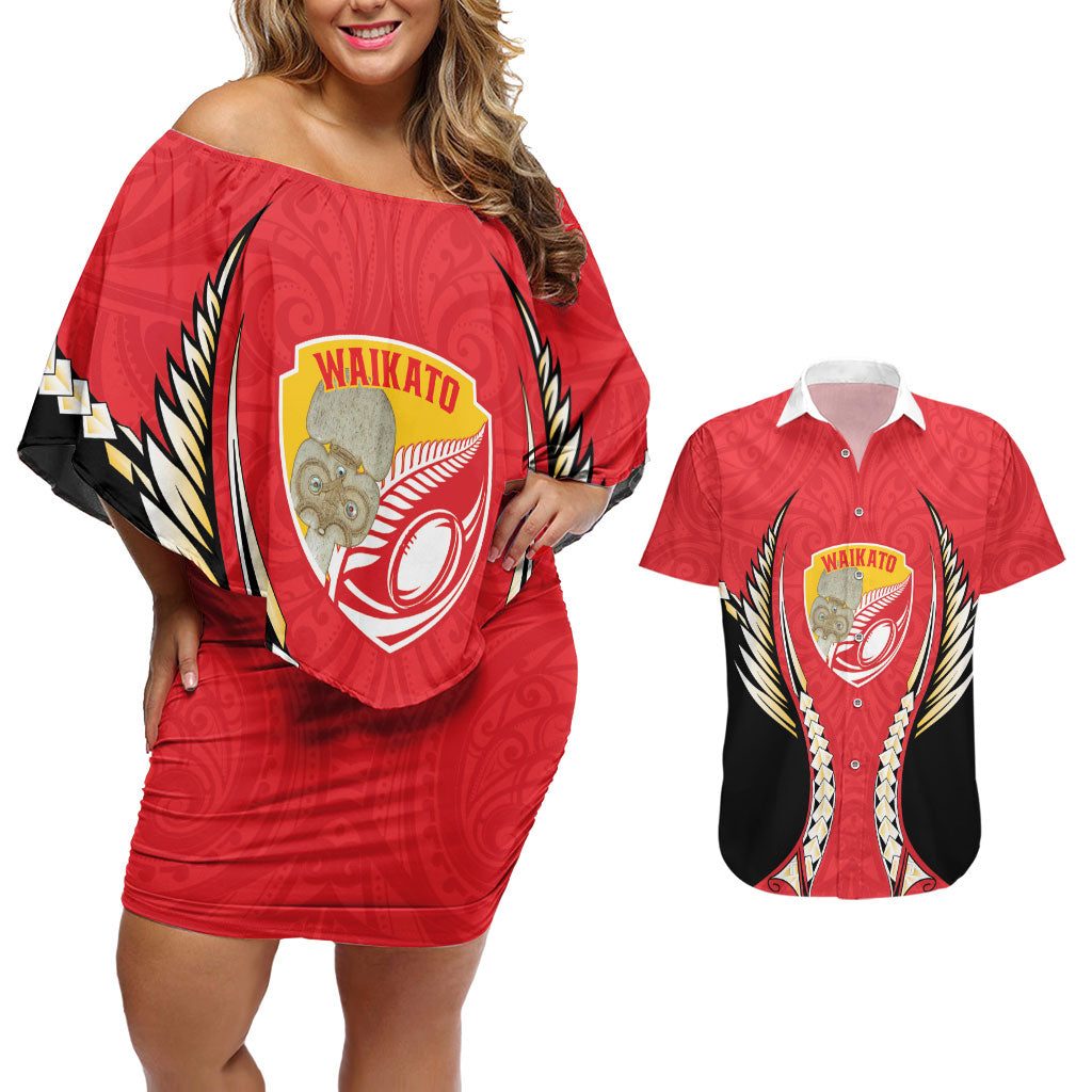Waikato 2026 Rugby Custom Couples Matching Off Shoulder Short Dress and Hawaiian Shirt NZ Maori Silver Fern