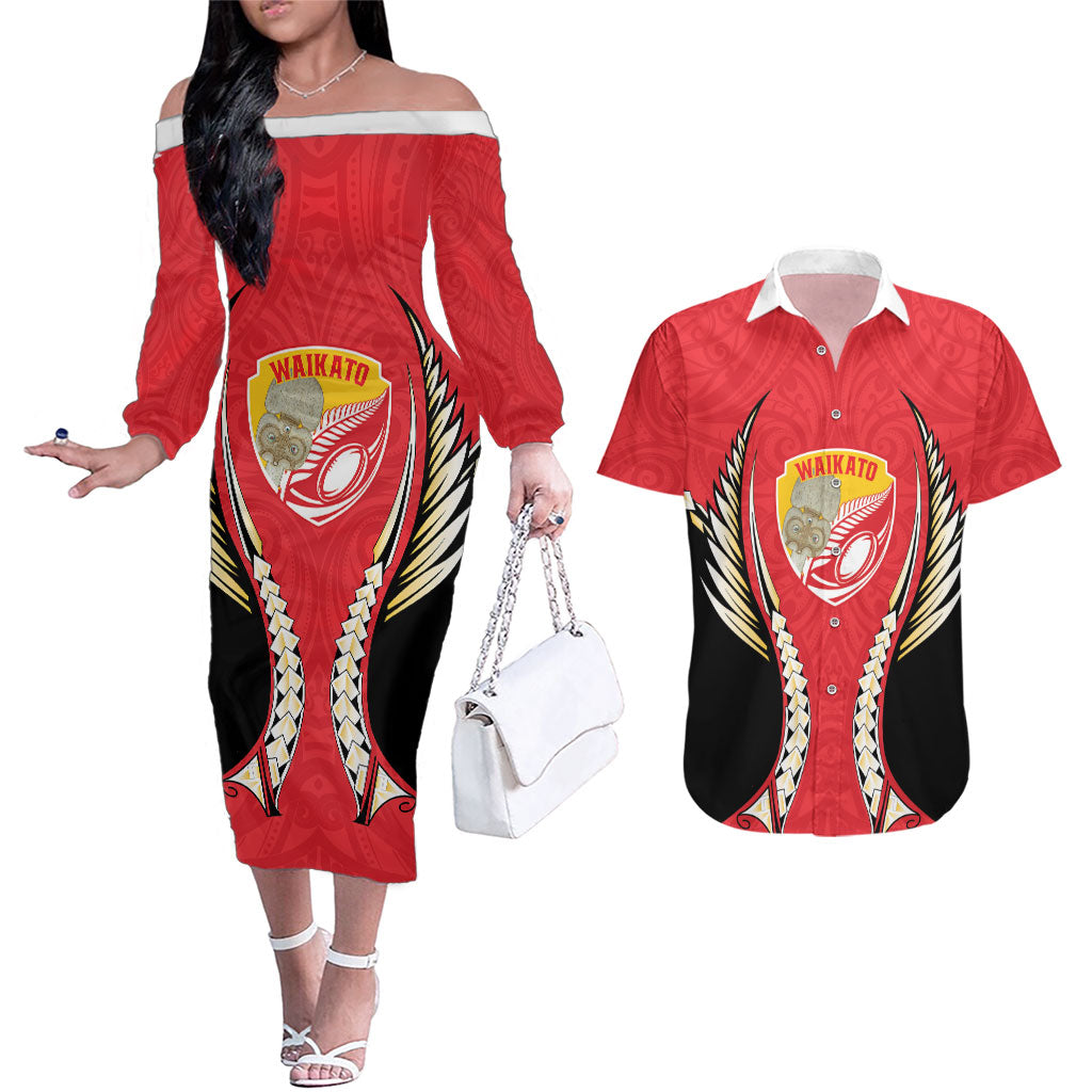 Waikato 2026 Rugby Custom Couples Matching Off The Shoulder Long Sleeve Dress and Hawaiian Shirt NZ Maori Silver Fern