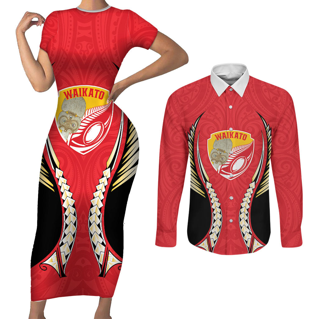 Waikato 2026 Rugby Custom Couples Matching Short Sleeve Bodycon Dress and Long Sleeve Button Shirt NZ Maori Silver Fern