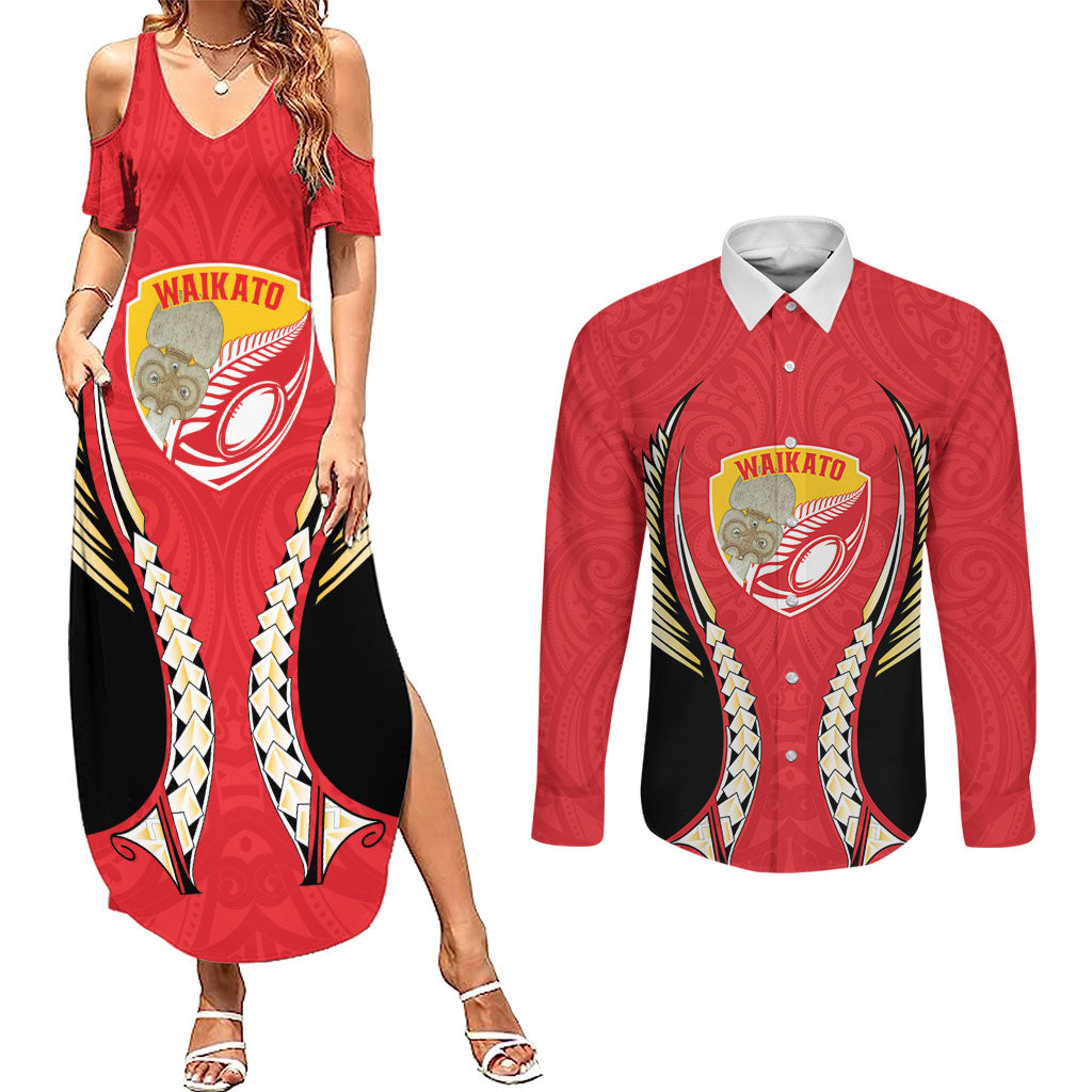 Waikato 2026 Rugby Custom Couples Matching Summer Maxi Dress and Long Sleeve Button Shirt NZ Maori Silver Fern