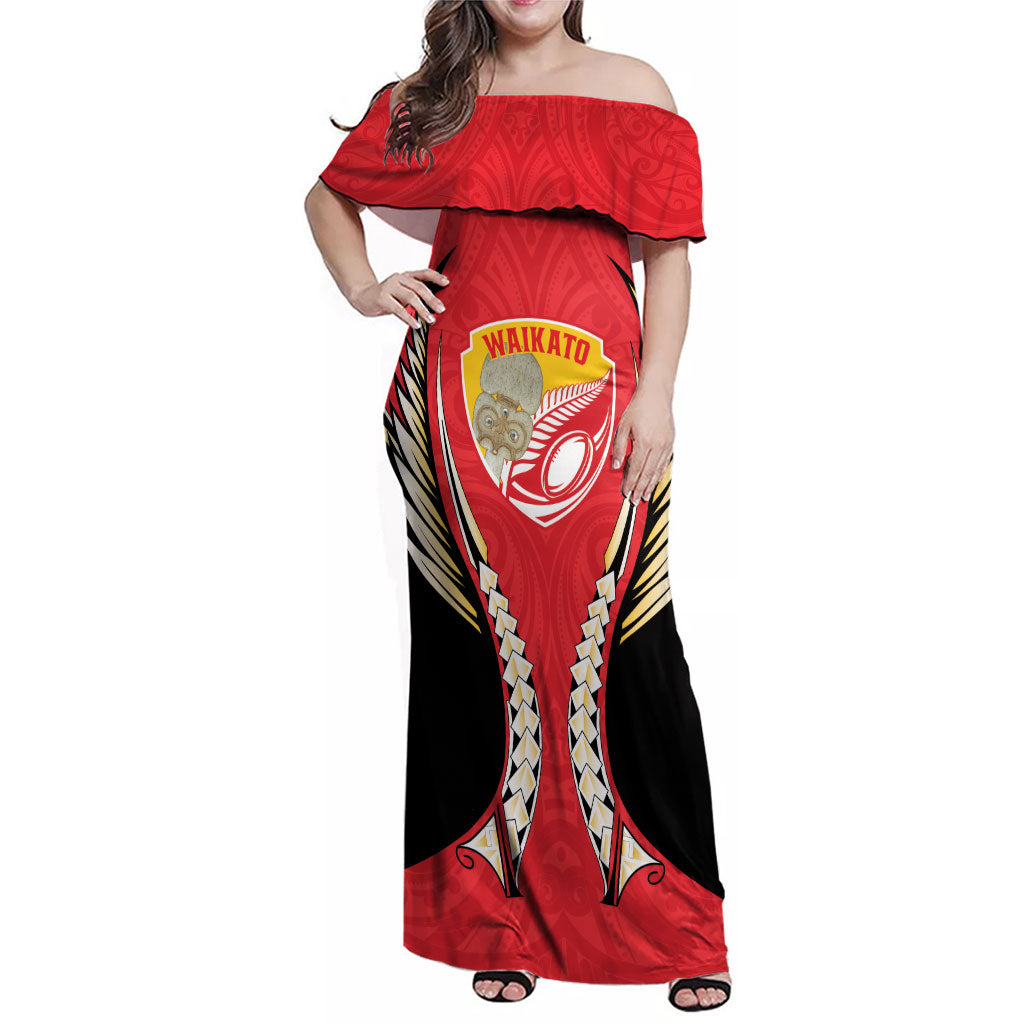 Waikato 2026 Rugby Custom Family Matching Off Shoulder Maxi Dress and Hawaiian Shirt NZ Maori Silver Fern