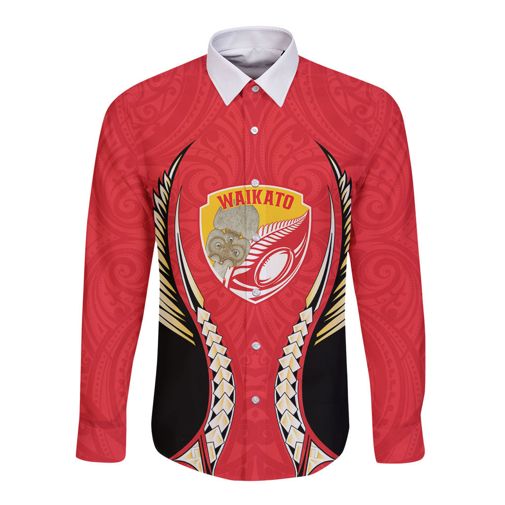 Waikato 2026 Rugby Custom Long Sleeve Button Shirt NZ Maori Silver Fern LT14 Unisex Red - Polynesian Pride