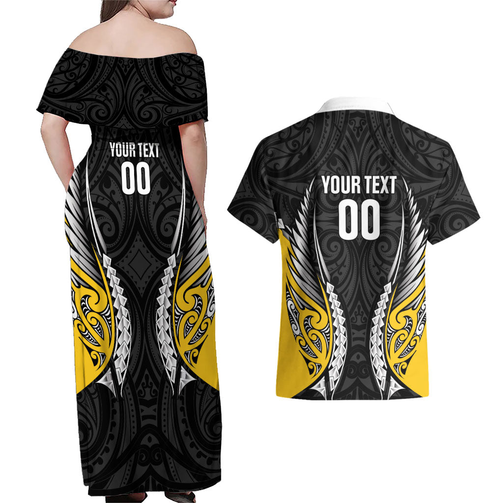 Wellington 2026 Rugby Custom Couples Matching Off Shoulder Maxi Dress and Hawaiian Shirt NZ Maori Silver Fern