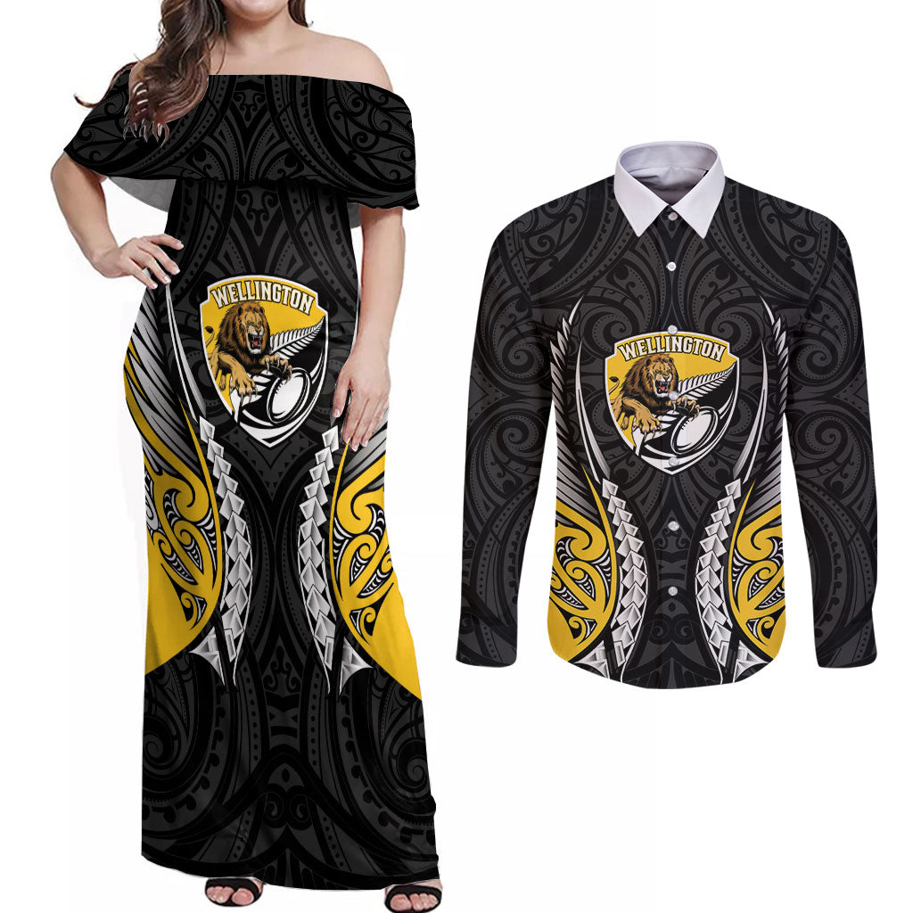 Wellington 2026 Rugby Custom Couples Matching Off Shoulder Maxi Dress and Long Sleeve Button Shirt NZ Maori Silver Fern