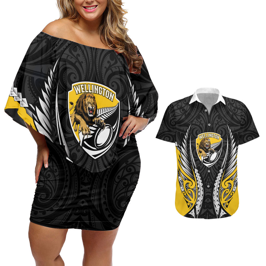 Wellington 2026 Rugby Custom Couples Matching Off Shoulder Short Dress and Hawaiian Shirt NZ Maori Silver Fern