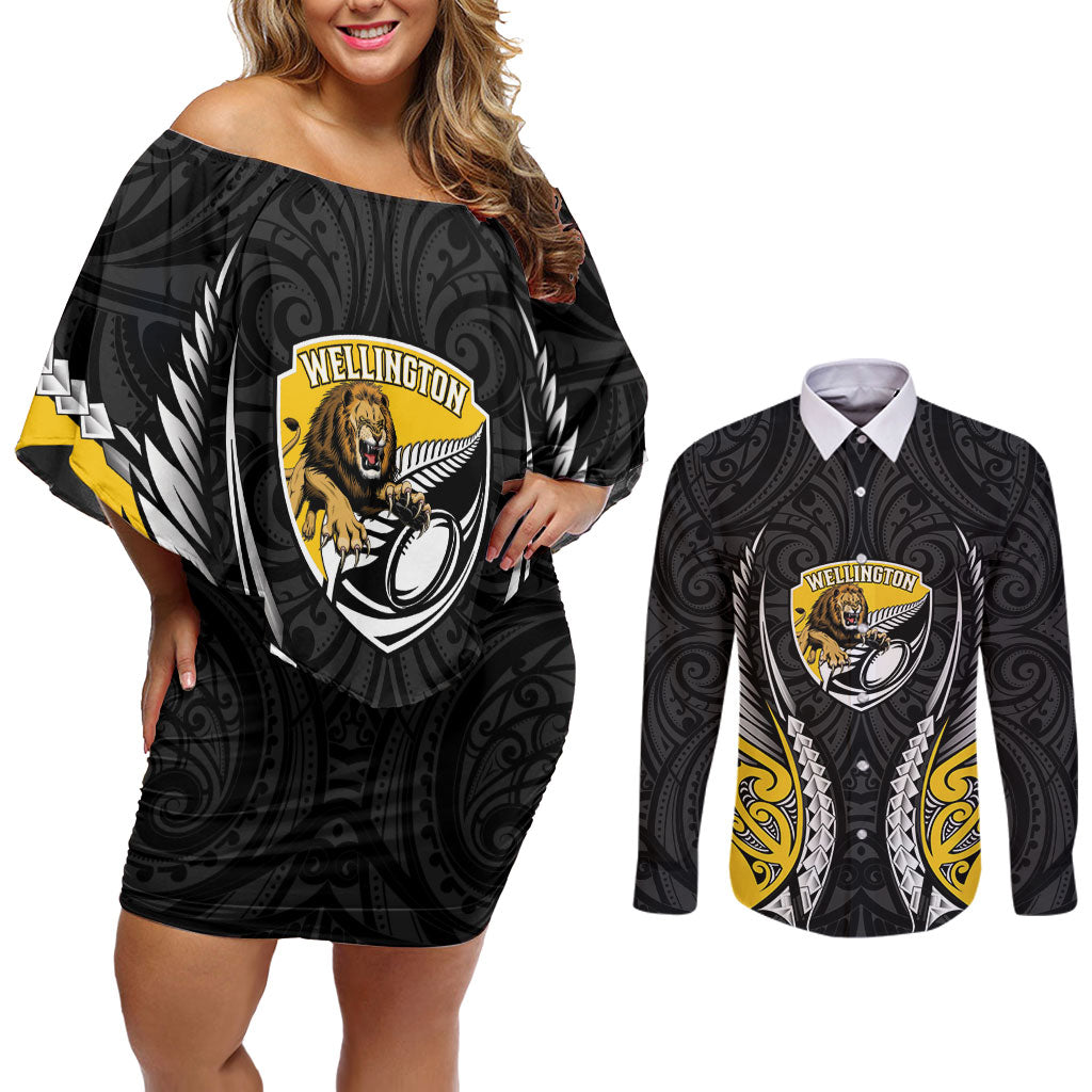Wellington 2026 Rugby Custom Couples Matching Off Shoulder Short Dress and Long Sleeve Button Shirt NZ Maori Silver Fern