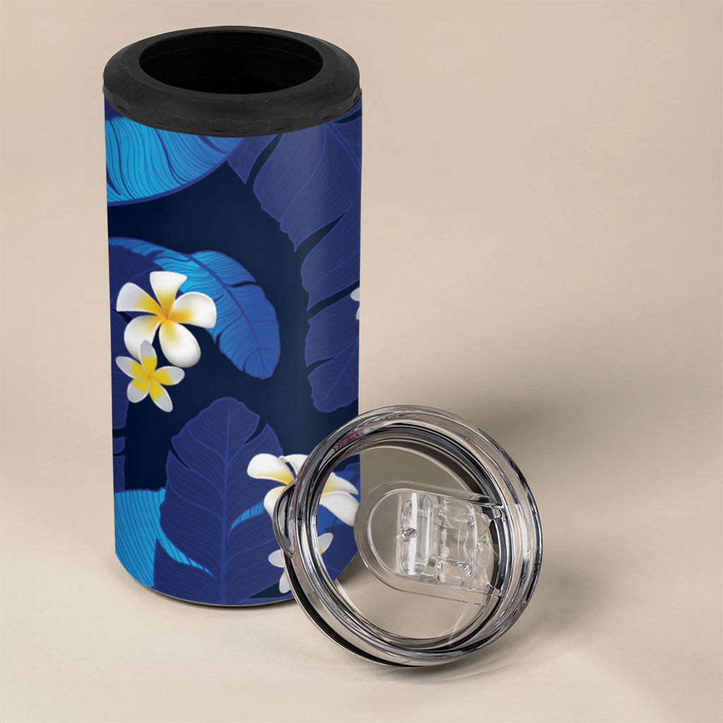 Teal Purple Banana Leaf Hawaii 4 in 1 Can Cooler Tumbler Lau Maia Plumeria Tropical Summer Vibes