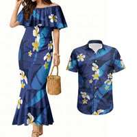 Teal Purple Banana Leaf Hawaii Couples Matching Mermaid Dress and Hawaiian Shirt Lau Maia Plumeria Tropical Summer Vibes