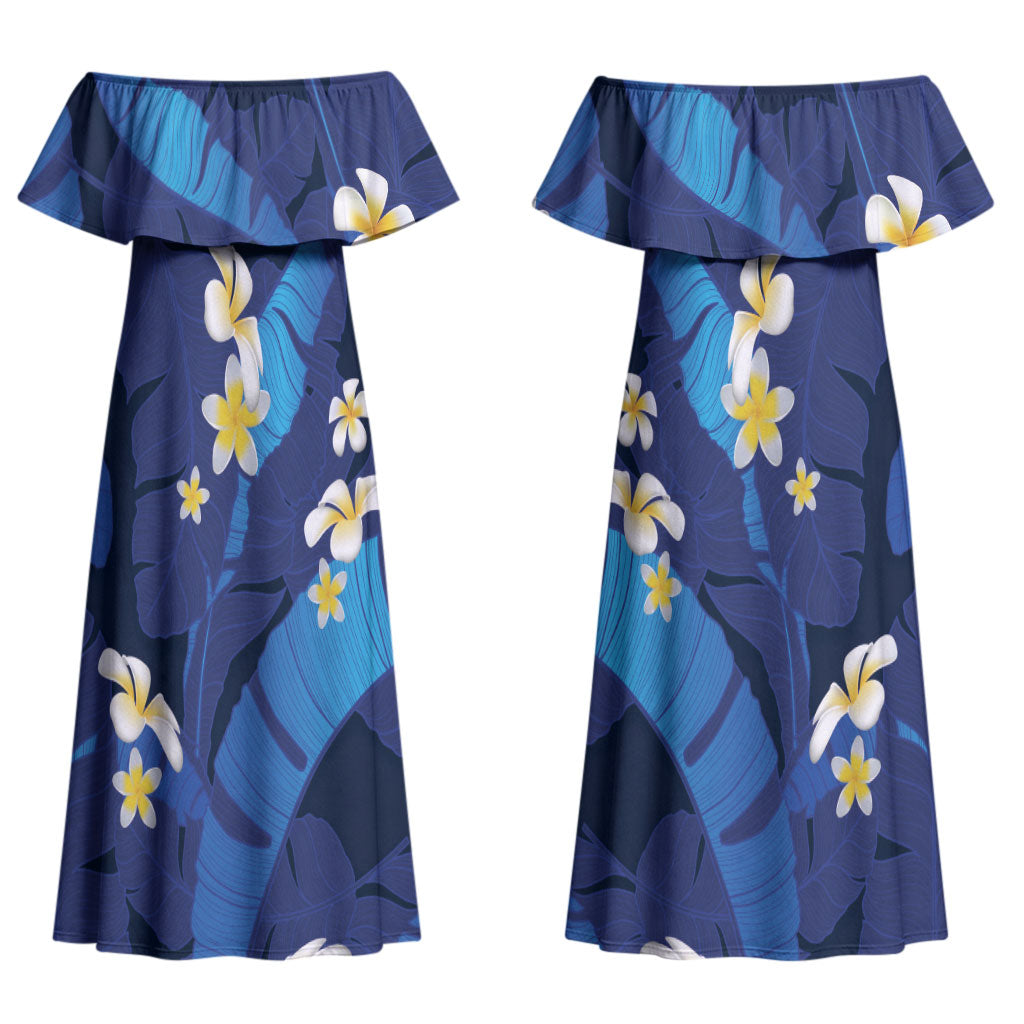 Teal Purple Banana Leaf Hawaii Couples Matching Off Shoulder Maxi Dress and Long Sleeve Button Shirt Lau Maia Plumeria Tropical Summer Vibes