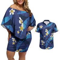 Teal Purple Banana Leaf Hawaii Couples Matching Off Shoulder Short Dress and Hawaiian Shirt Lau Maia Plumeria Tropical Summer Vibes