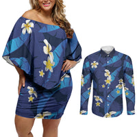 Teal Purple Banana Leaf Hawaii Couples Matching Off Shoulder Short Dress and Long Sleeve Button Shirt Lau Maia Plumeria Tropical Summer Vibes