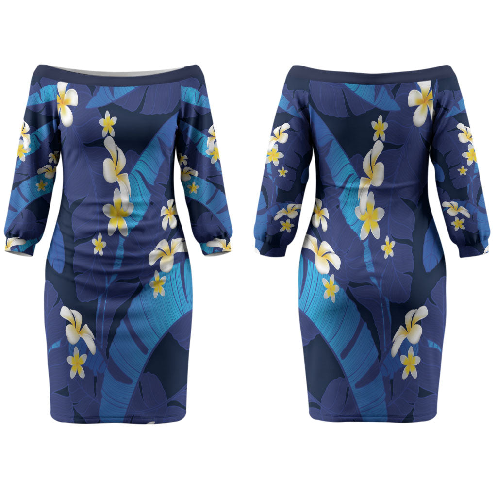 Teal Purple Banana Leaf Hawaii Couples Matching Off The Shoulder Long Sleeve Dress and Hawaiian Shirt Lau Maia Plumeria Tropical Summer Vibes