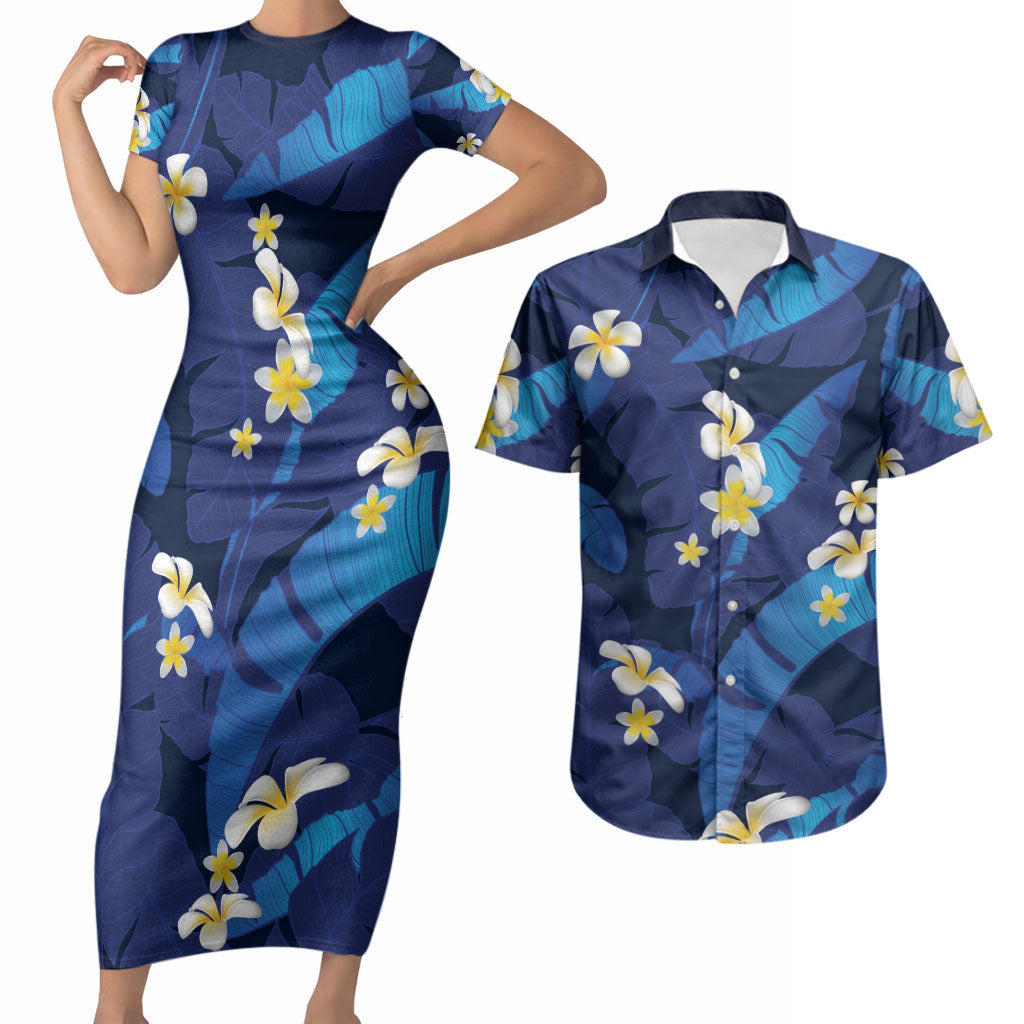 Teal Purple Banana Leaf Hawaii Couples Matching Short Sleeve Bodycon Dress and Hawaiian Shirt Lau Maia Plumeria Tropical Summer Vibes