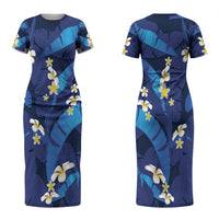 Teal Purple Banana Leaf Hawaii Couples Matching Short Sleeve Bodycon Dress and Long Sleeve Button Shirt Lau Maia Plumeria Tropical Summer Vibes