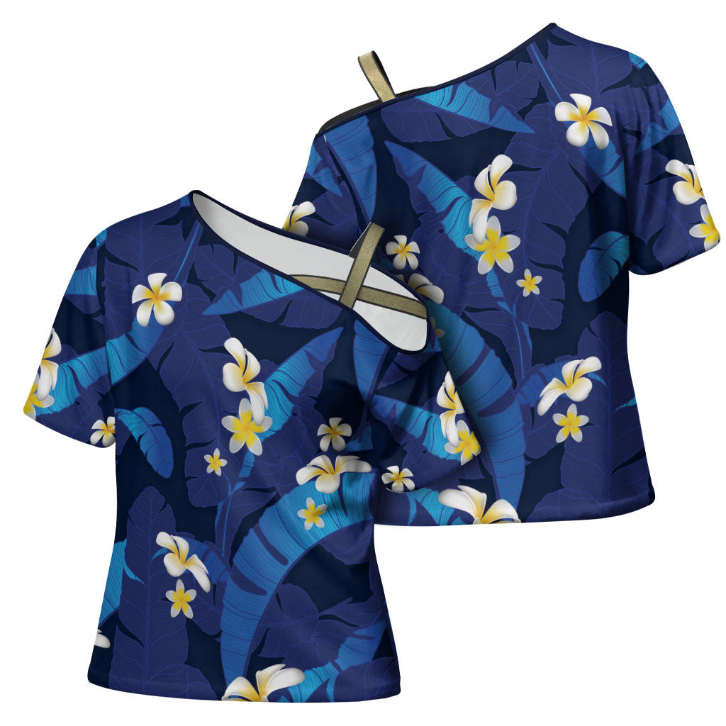 Teal Purple Banana Leaf Hawaii Cross Shoulder Shirt Lau Maia Plumeria Tropical Summer Vibes