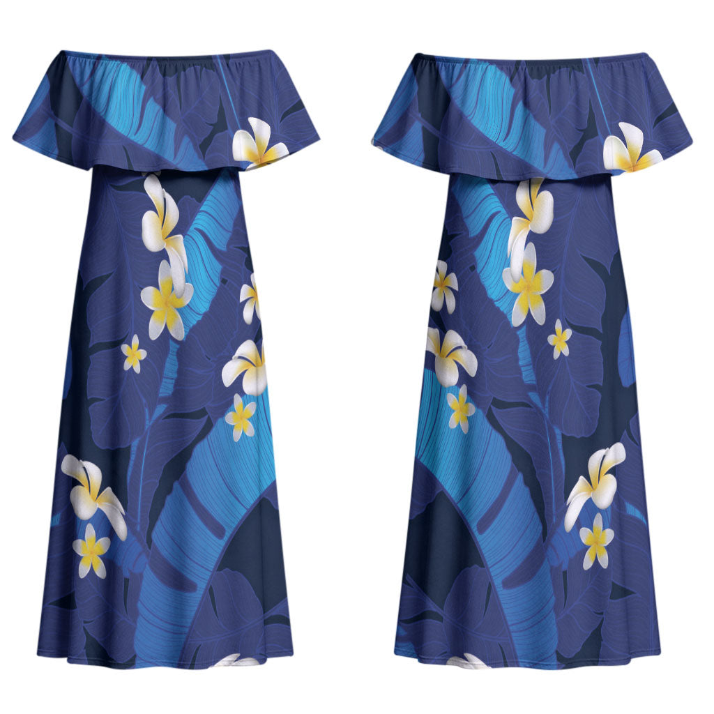 Teal Purple Banana Leaf Hawaii Family Matching Off Shoulder Maxi Dress and Hawaiian Shirt Lau Maia Plumeria Tropical Summer Vibes