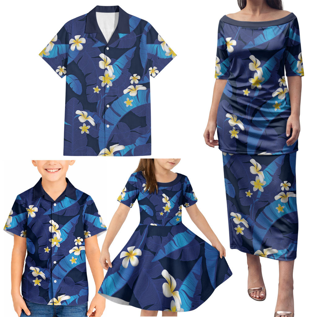Teal Purple Banana Leaf Hawaii Family Matching Puletasi and Hawaiian Shirt Lau Maia Plumeria Tropical Summer Vibes