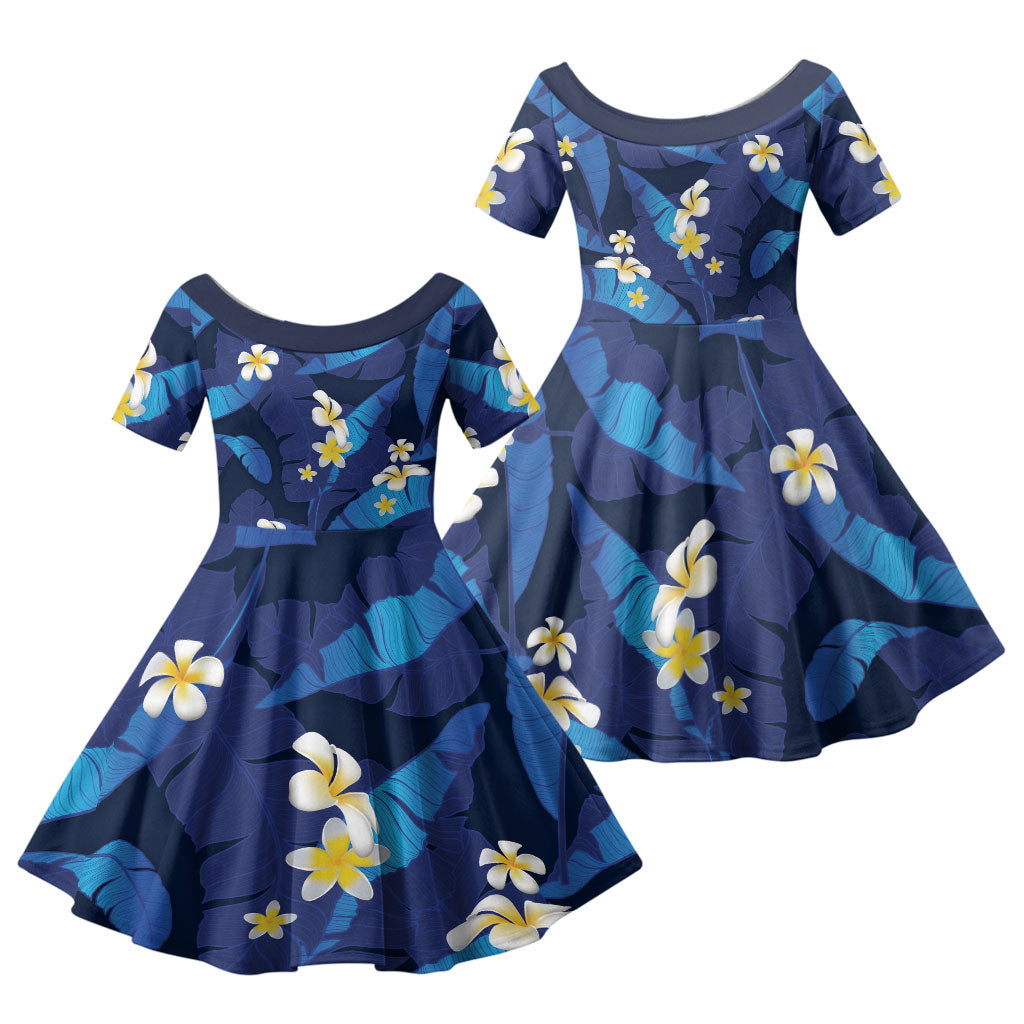 Teal Purple Banana Leaf Hawaii Family Matching Short Sleeve Bodycon Dress and Hawaiian Shirt Lau Maia Plumeria Tropical Summer Vibes