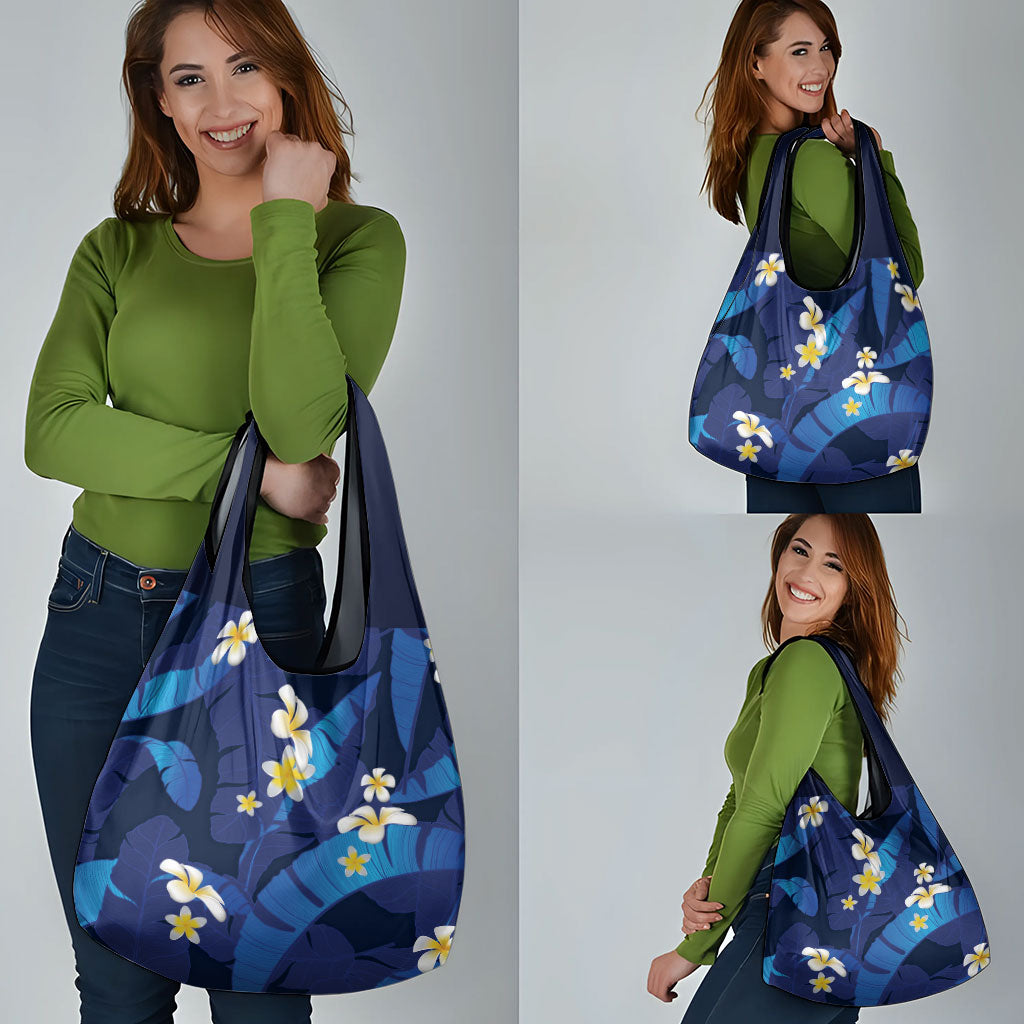 Teal Purple Banana Leaf Hawaii Grocery Bag Lau Maia Plumeria Tropical Summer Vibes