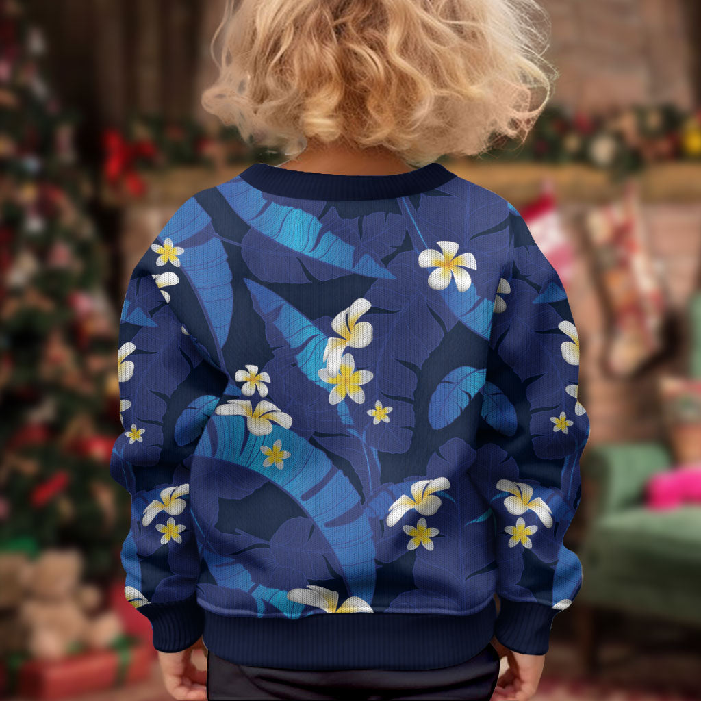 Teal Purple Banana Leaf Hawaii Kid Ugly Christmas Sweater Lau Maia Plumeria Tropical Summer Vibes