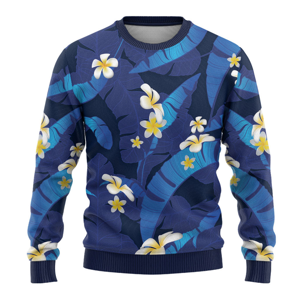 Teal Purple Banana Leaf Hawaii Ugly Christmas Sweater Lau Maia Plumeria Tropical Summer Vibes