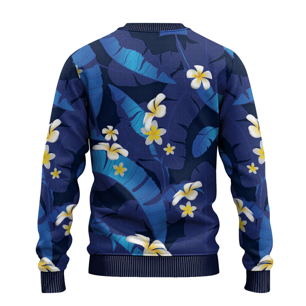 Teal Purple Banana Leaf Hawaii Ugly Christmas Sweater Lau Maia Plumeria Tropical Summer Vibes
