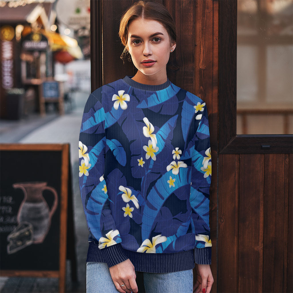 Teal Purple Banana Leaf Hawaii Ugly Christmas Sweater Lau Maia Plumeria Tropical Summer Vibes