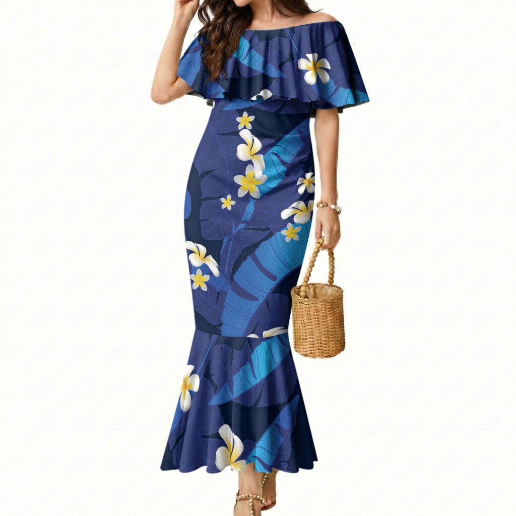Teal Purple Banana Leaf Hawaii Mermaid Dress Lau Maia Plumeria Tropical Summer Vibes