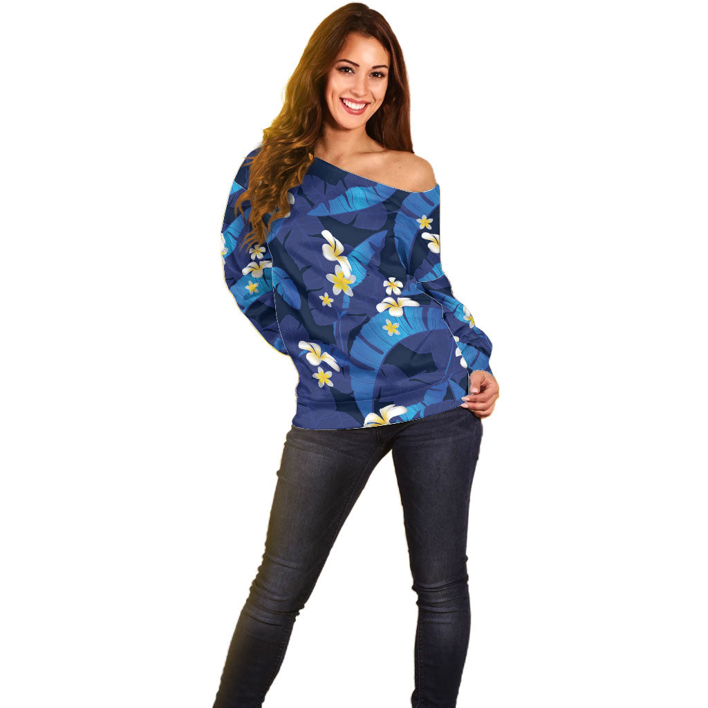 Teal Purple Banana Leaf Hawaii Off Shoulder Sweater Lau Maia Plumeria Tropical Summer Vibes