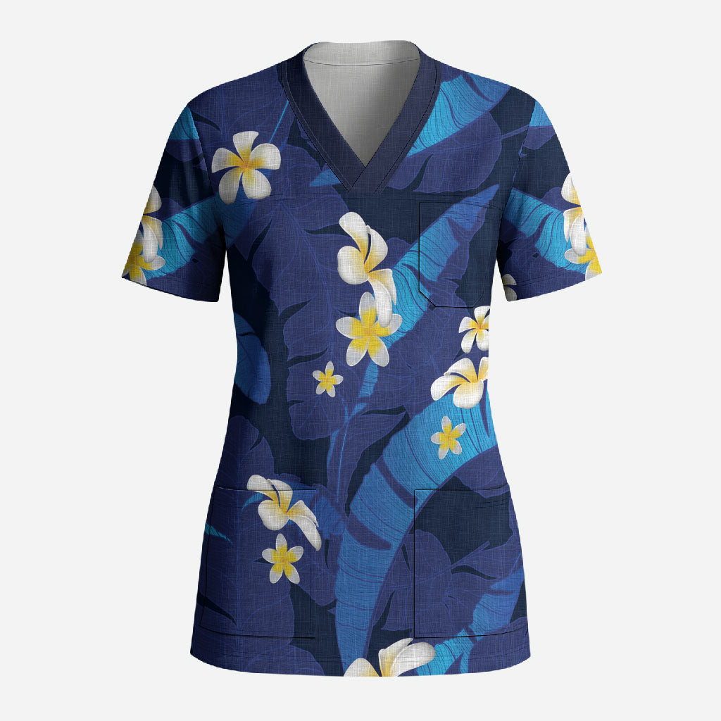 Teal Purple Banana Leaf Hawaii Scrub Top Lau Maia Plumeria Tropical Summer Vibes