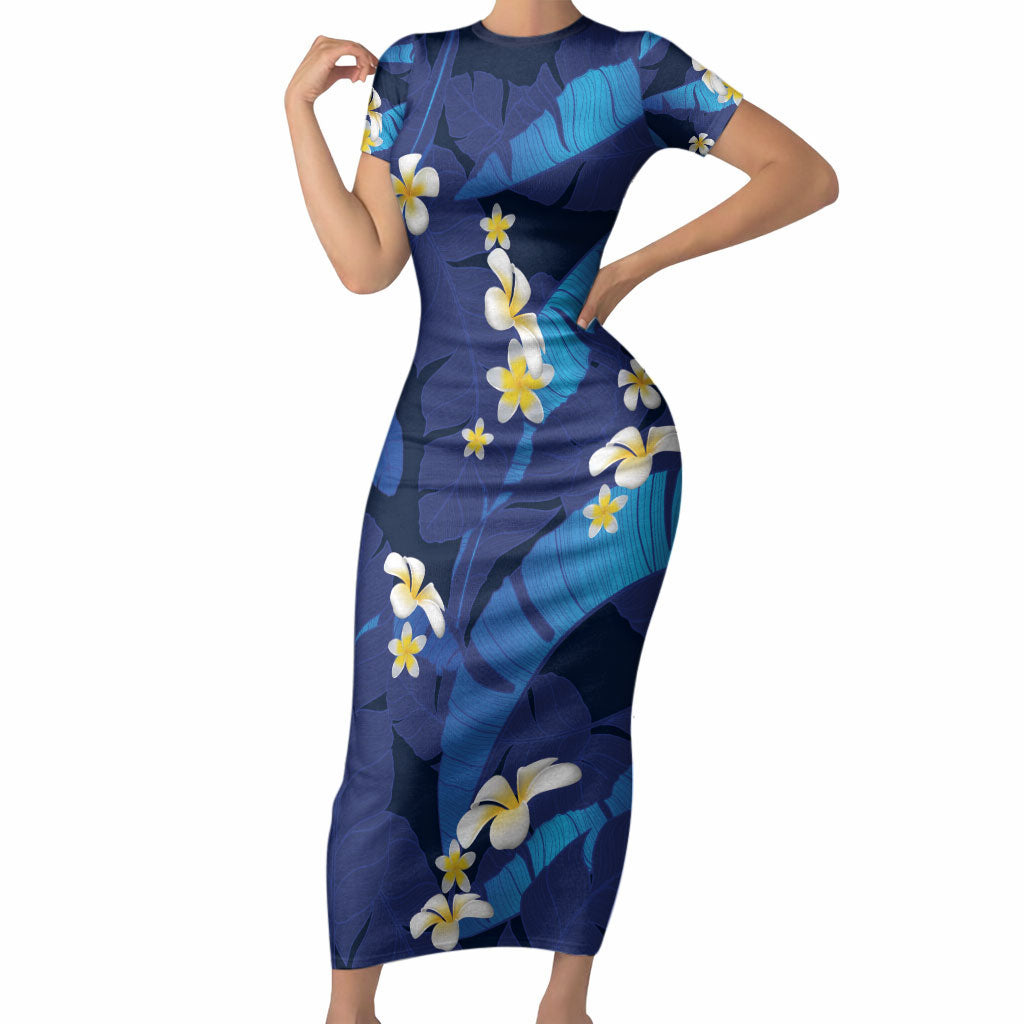 Teal Purple Banana Leaf Hawaii Short Sleeve Bodycon Dress Lau Maia Plumeria Tropical Summer Vibes