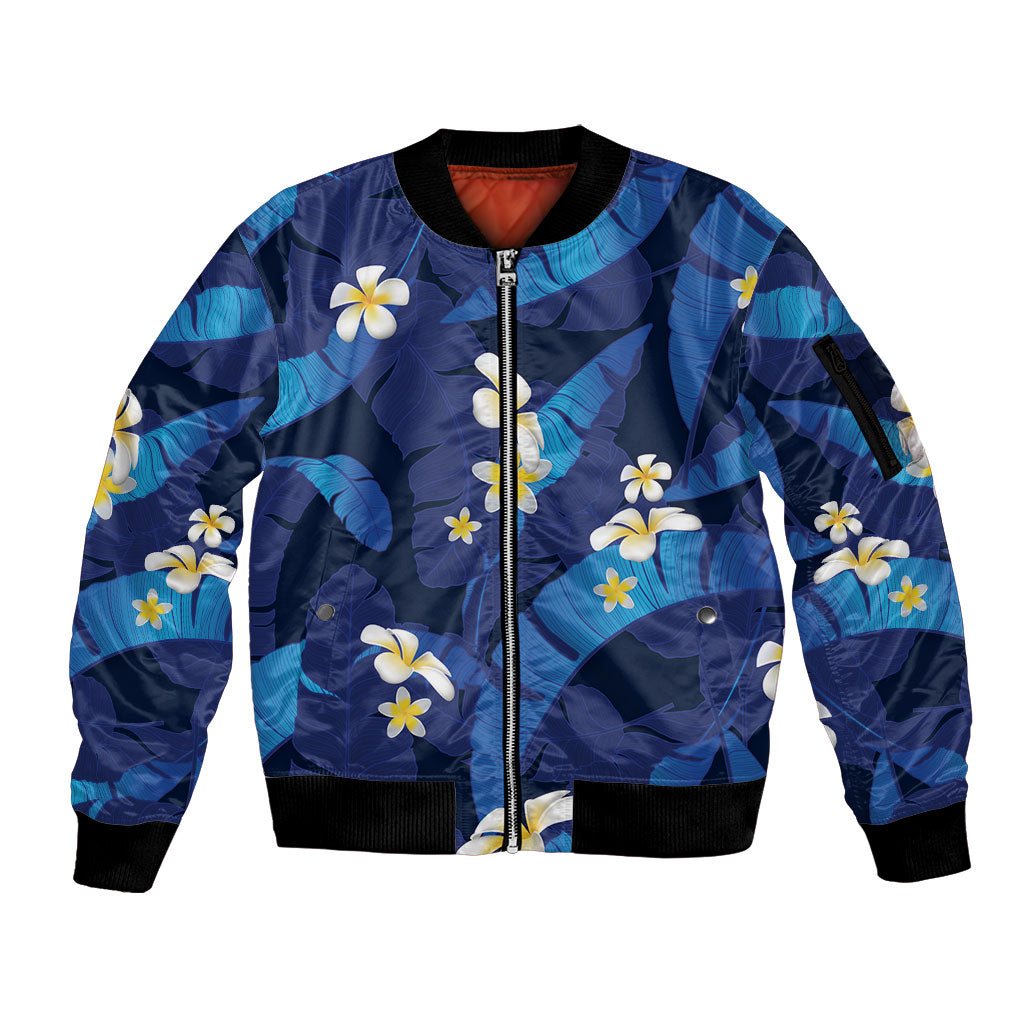 Teal Purple Banana Leaf Hawaii Sleeve Zip Bomber Jacket Lau Maia Plumeria Tropical Summer Vibes