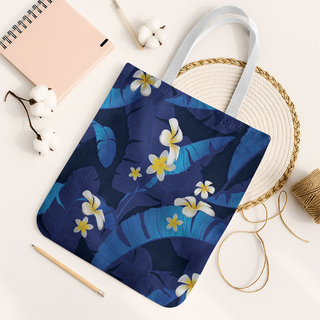 Teal Purple Banana Leaf Hawaii Tote Bag Lau Maia Plumeria Tropical Summer Vibes