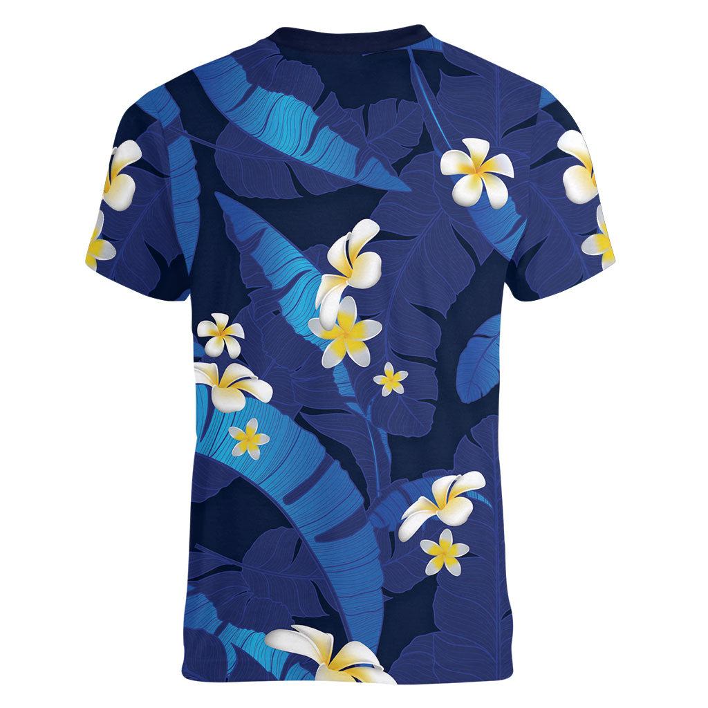 Teal Purple Banana Leaf Hawaii Women V-Neck T-Shirt Lau Maia Plumeria Tropical Summer Vibes