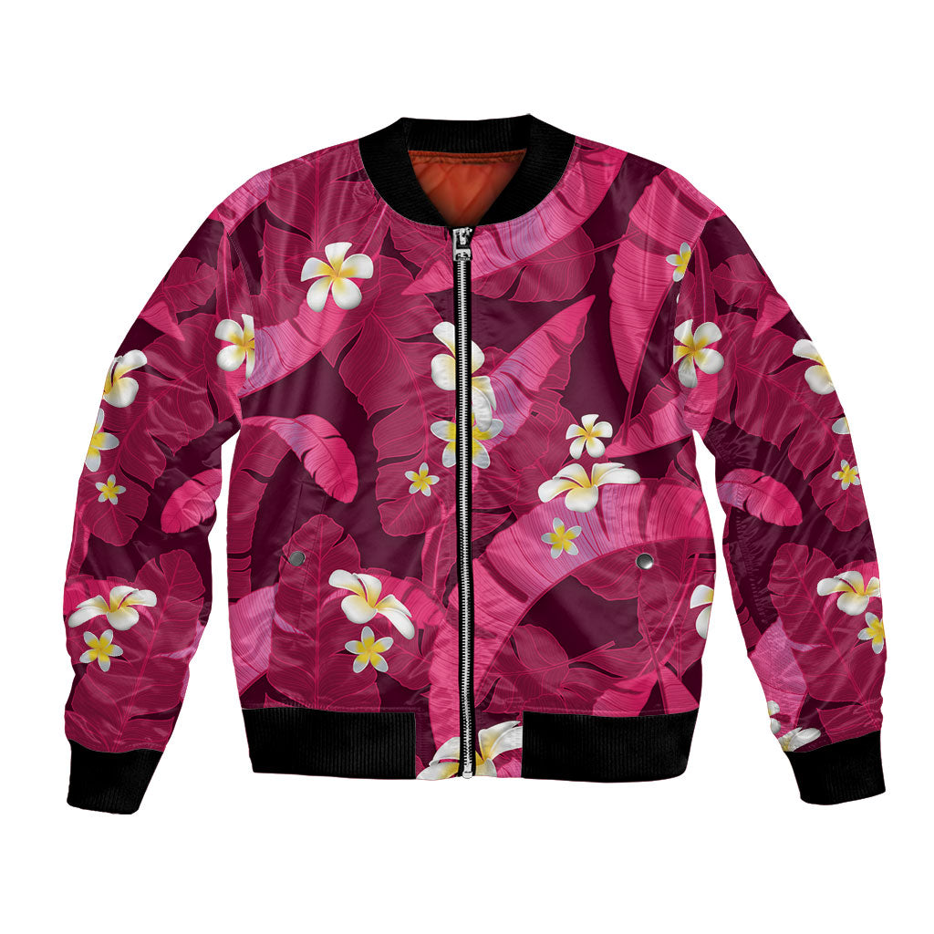 Pink Banana Leaf Hawaii Bomber Jacket Lau Maia Plumeria Tropical Summer Vibes