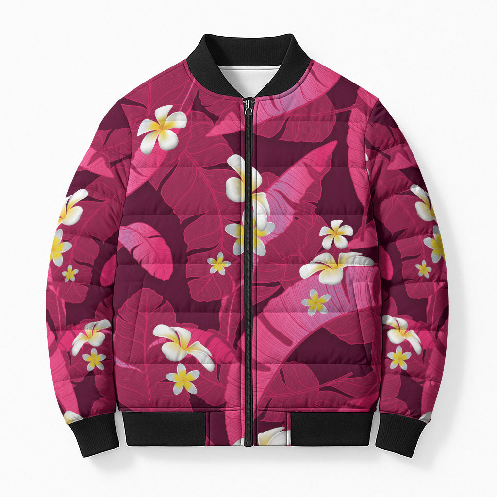 Pink Banana Leaf Hawaii Bomber Puffer Jacket Lau Maia Plumeria Tropical Summer Vibes