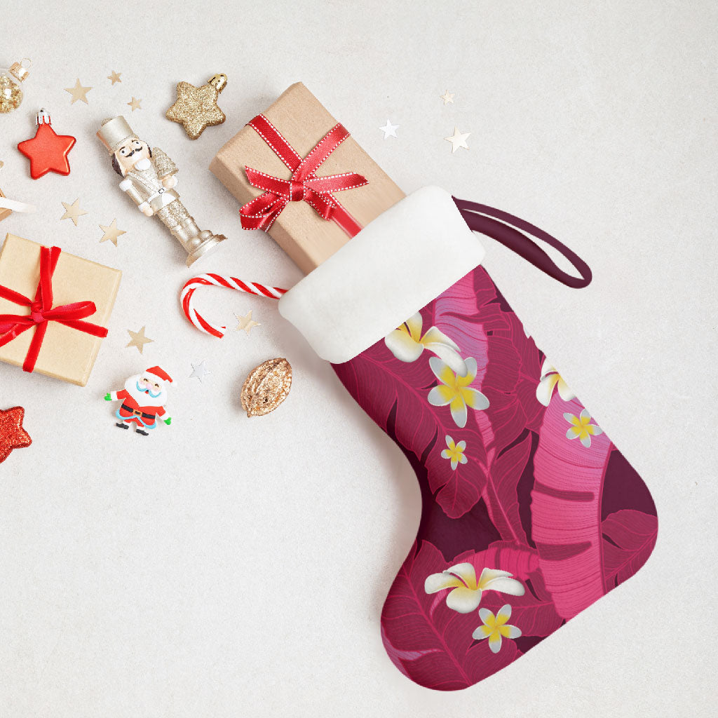 Pink Banana Leaf Hawaii Christmas Stocking Lau Maia Plumeria Tropical Summer Vibes