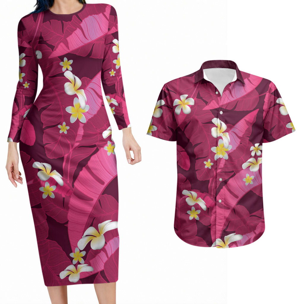 Pink Banana Leaf Hawaii Couples Matching Long Sleeve Bodycon Dress and Hawaiian Shirt Lau Maia Plumeria Tropical Summer Vibes