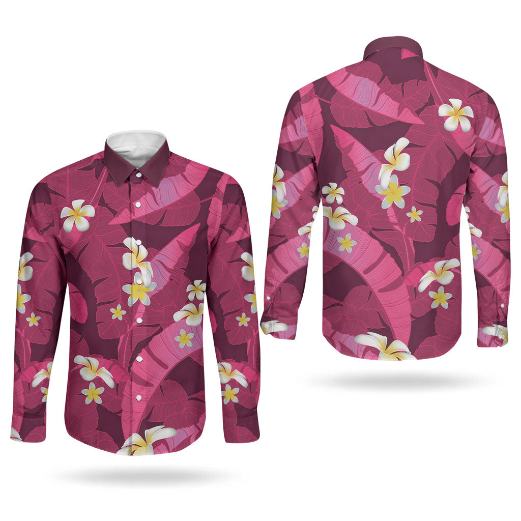 Pink Banana Leaf Hawaii Couples Matching Mermaid Dress and Long Sleeve Button Shirt Lau Maia Plumeria Tropical Summer Vibes